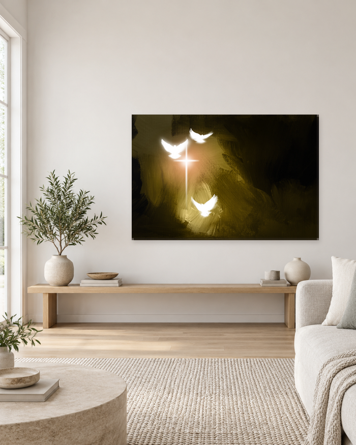 Cross and White Doves Canvas Wall Art - Gold and Black Christian Art - Gallery Canvas - 38mm / 48 x 32 / Unframed preview