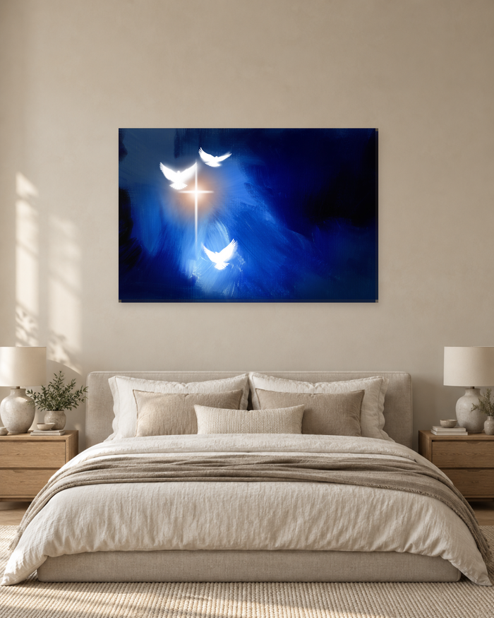 Cross with Three White Doves - Royal Blue Christian Canvas Wall Art - Gallery Canvas - 38mm / 48 x 32 / Unframed preview