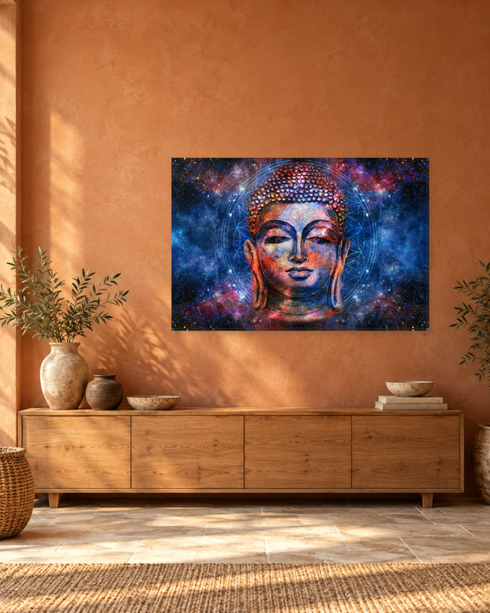Cosmic Buddha Head in Space - Blue and Red Galaxy Canvas Wall Art - Gallery Canvas - 38mm / 48 x 32 / Unframed preview