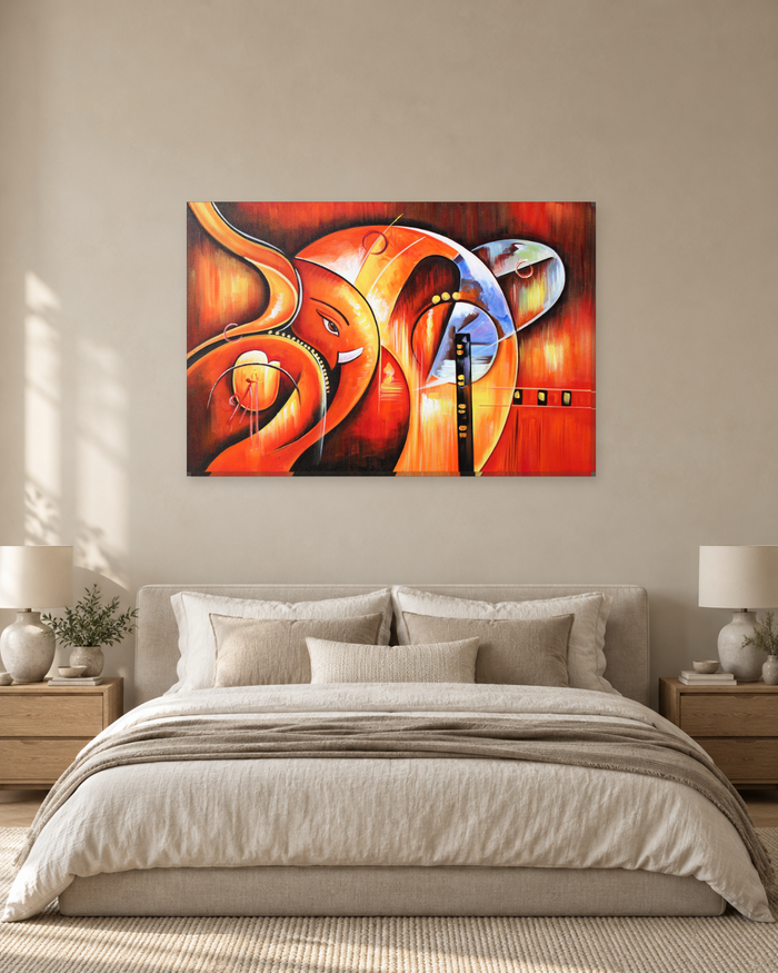 Modern Abstract Ganesh Canvas Wall Art - Orange and Red Hindu Art - Gallery Canvas - 38mm / 48 x 32 / Unframed preview