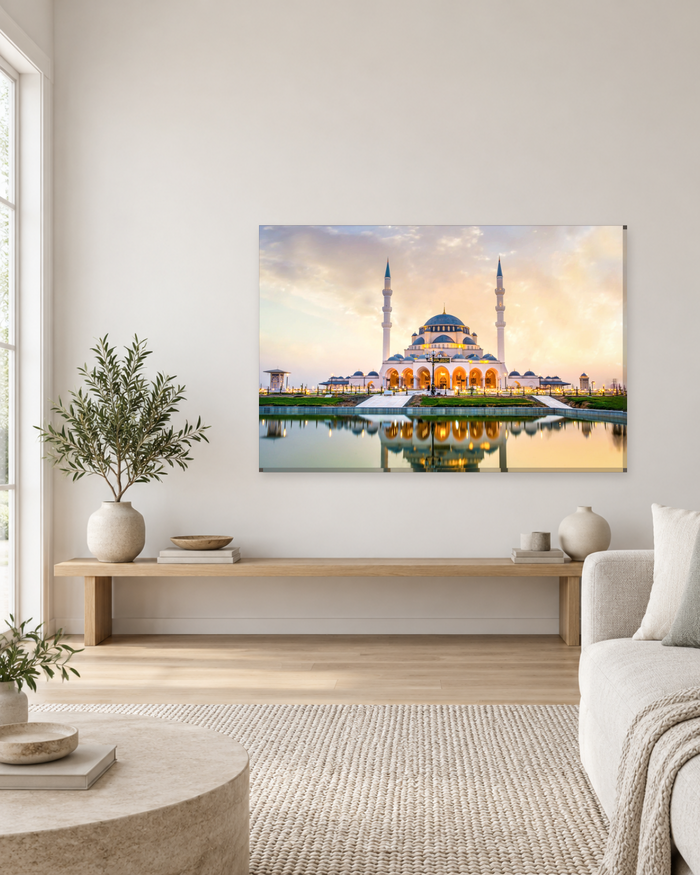 White Mosque with Blue Domes at Sunset - Islamic Canvas Wall Art - Gallery Canvas - 38mm / 48 x 32 / Unframed preview