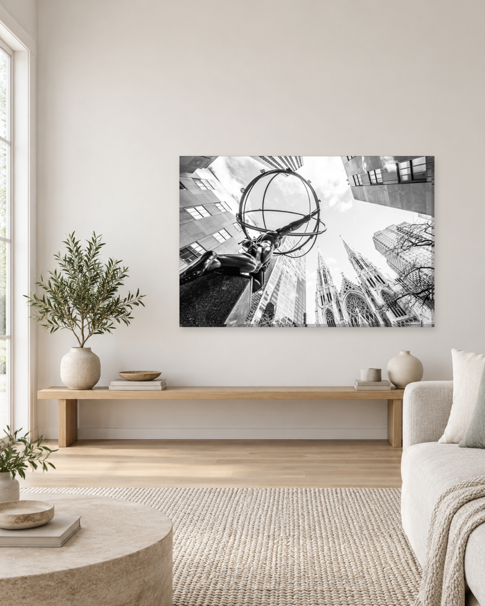 Atlas Statue and St Patrick's Cathedral New York - Black and White Canvas Wall Art - Gallery Canvas - 38mm / 48 x 32 / Unframed preview