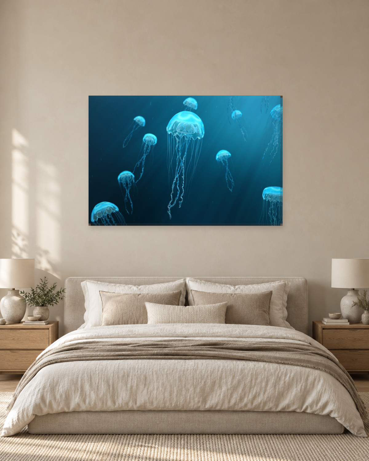 Glowing Blue Jellyfish Canvas Wall Art - Underwater Ocean Animal Art - Gallery Canvas - 38mm / 48 x 32 / Unframed preview