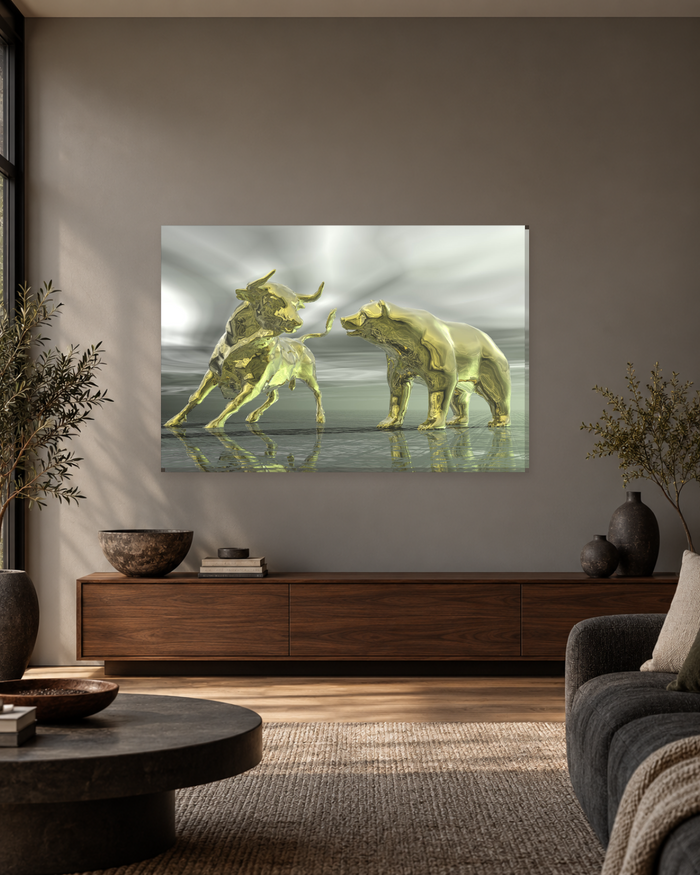 Gold Bull and Bear Statues Canvas Wall Art - Stock Market Trading Art - Gallery Canvas - 38mm / 48 x 32 / Unframed preview