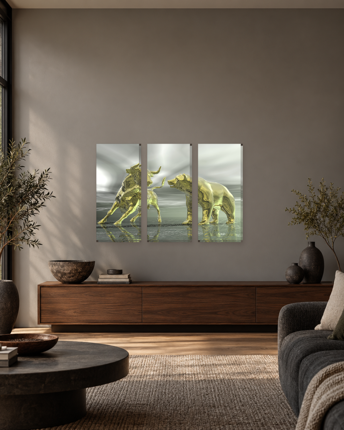 Gold Bull and Bear Statues Canvas Wall Art - Stock Market Trading Art - Gallery Canvas - 38mm / 48 x 32 / Unframed preview