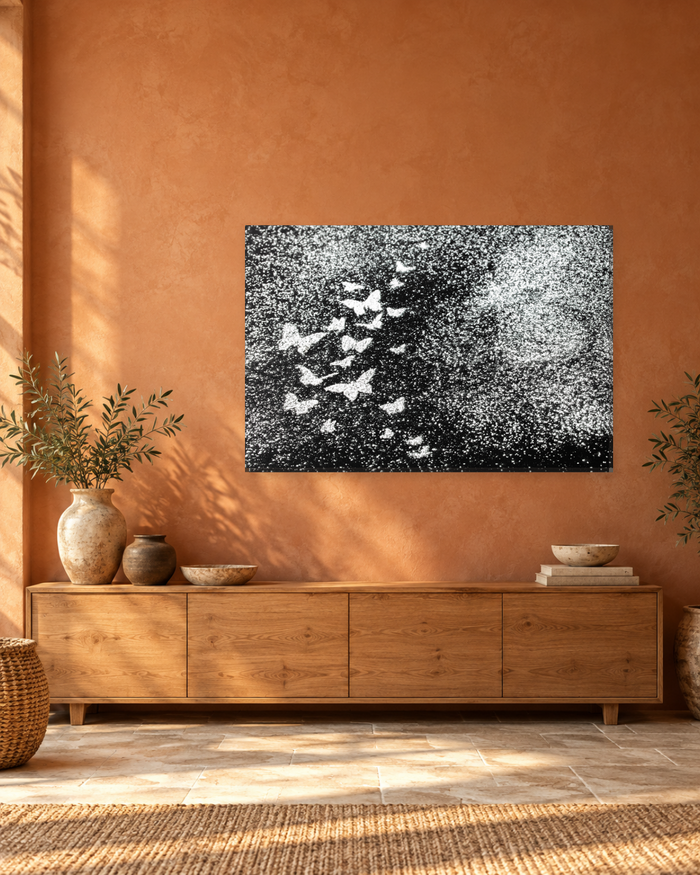 Black and White Butterflies Abstract Canvas Wall Art - Sparkle Effect - Gallery Canvas - 38mm / 48 x 32 / Unframed preview