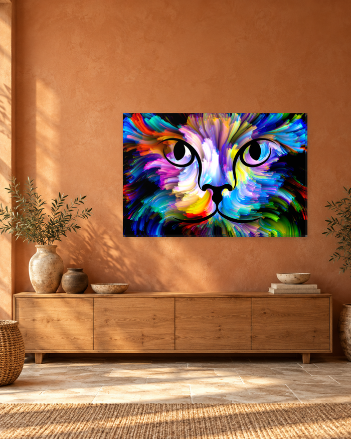Abstract Multicolour Cat Face Canvas Wall Art - Rainbow Swirl Cat Art - Gallery Canvas - 38mm / 48 x 32 / Unframed preview