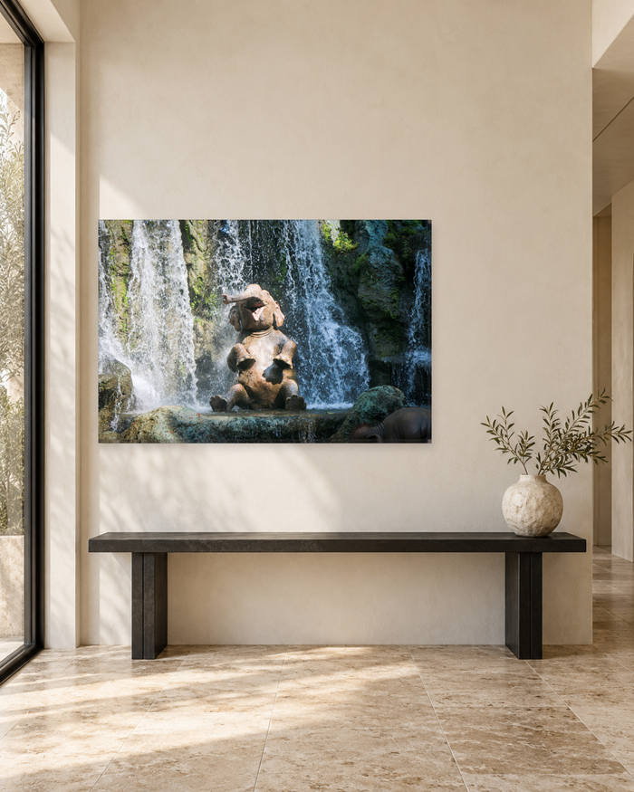 Baby Elephant Under a Waterfall Canvas Wall Art - Playful Animal Print - Gallery Canvas - 38mm / 48 x 32 / Unframed preview