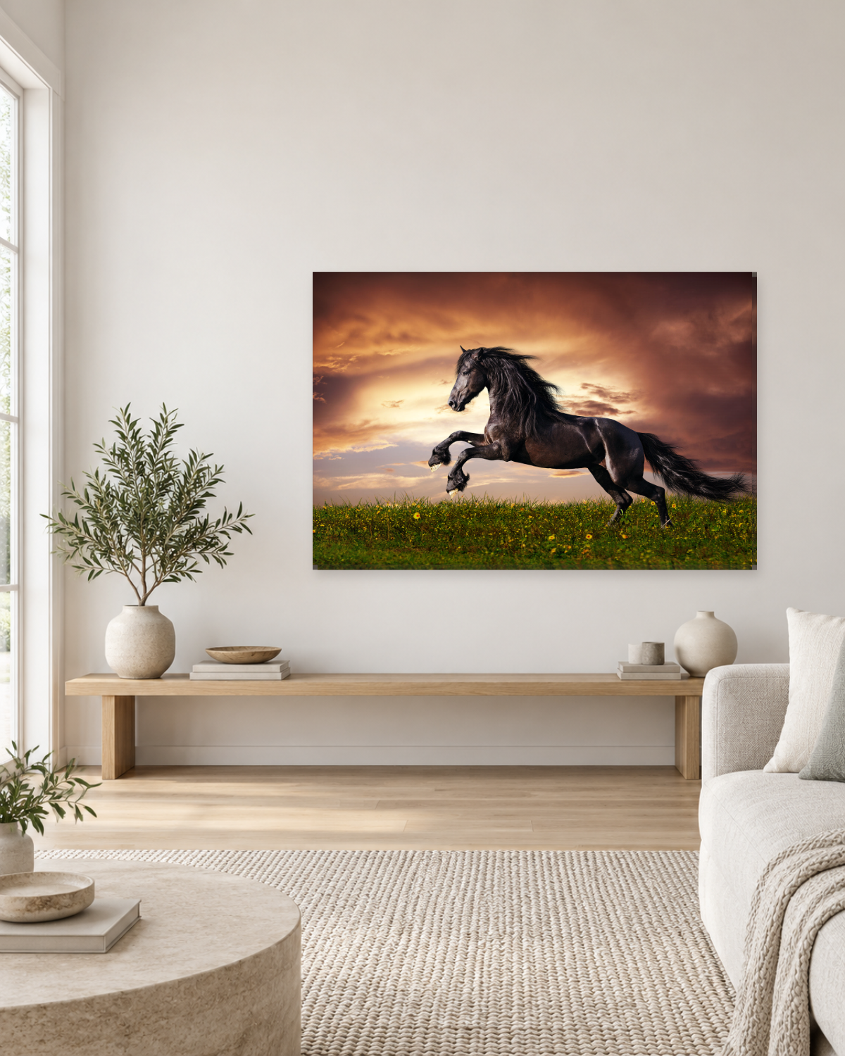 Black Horse Galloping Canvas Wall Art - Fiery Sunset Animal Art - Gallery Canvas - 38mm / 48 x 32 / Unframed preview
