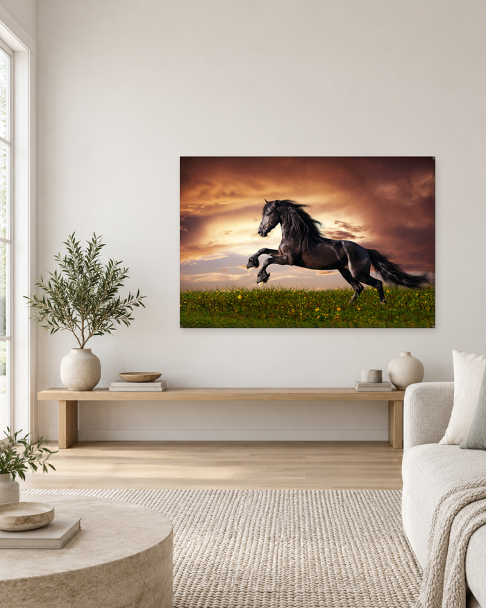 Black Horse Galloping Canvas Wall Art - Fiery Sunset Animal Art - Gallery Canvas - 38mm / 48 x 32 / Unframed preview