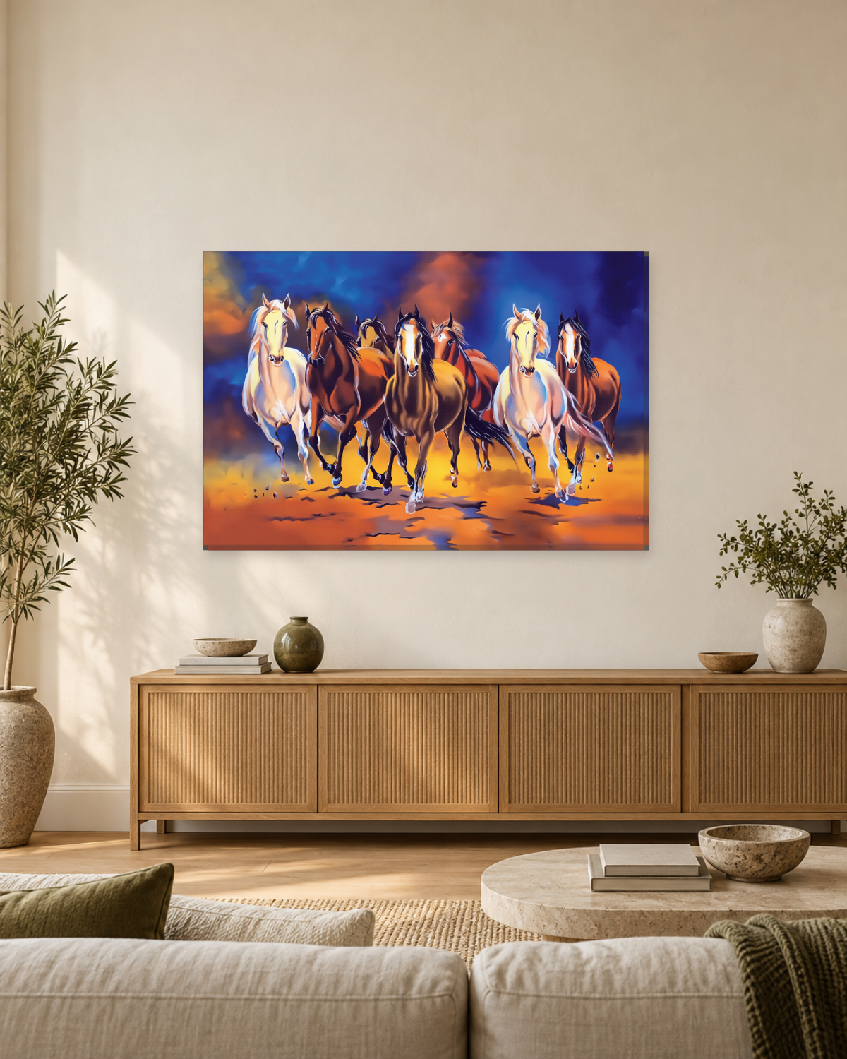 Galloping Horses Painting Canvas Wall Art - Blue and Orange Animal Art - Gallery Canvas - 38mm / 48 x 32 / Unframed preview