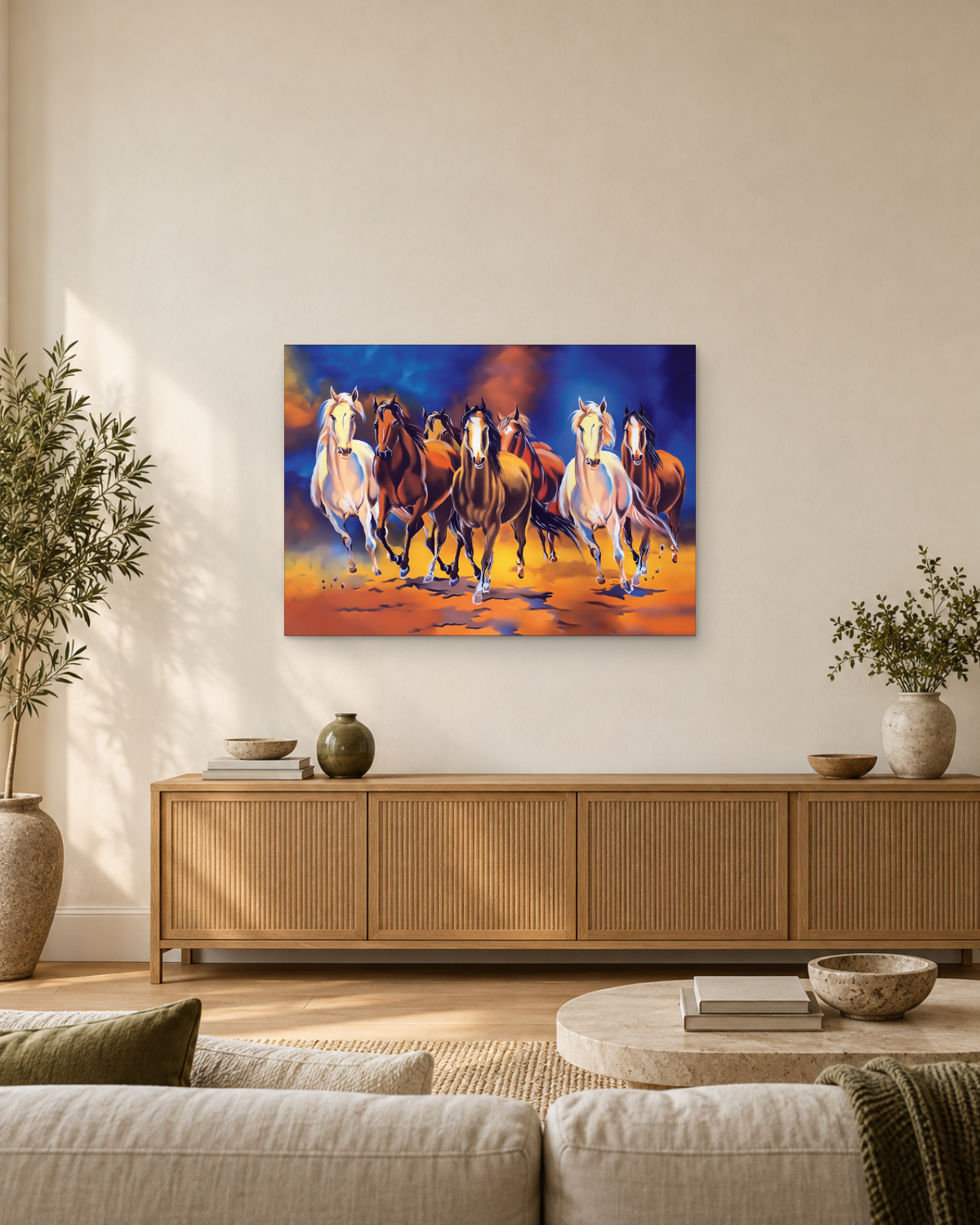 Galloping Horses Painting Canvas Wall Art - Blue and Orange Animal Art - Gallery Canvas - 38mm / 48 x 32 / Unframed preview