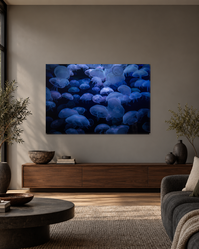 Moon Jellyfish Canvas Wall Art - Glowing Blue Underwater Sea Life - Gallery Canvas - 38mm / 48 x 32 / Unframed preview