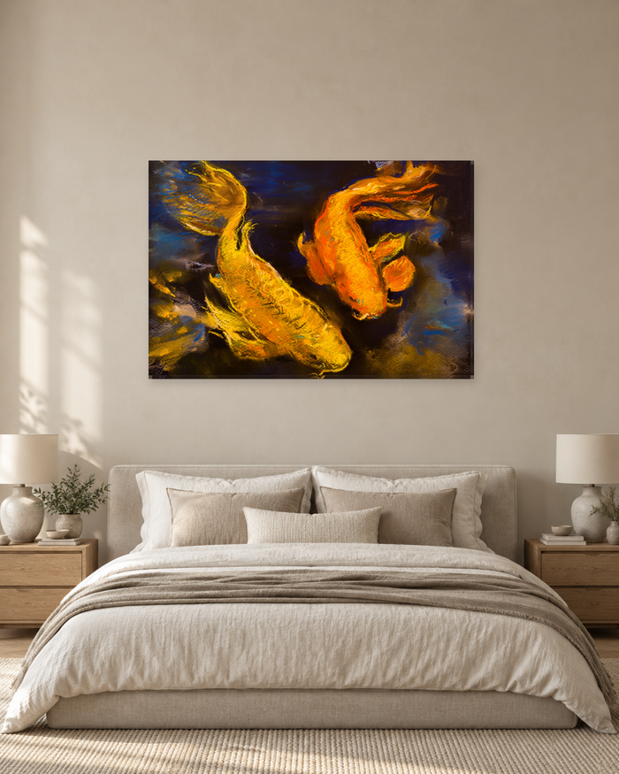 Koi Fish Painting Canvas Wall Art - Golden Orange Pair on Midnight Blue - Gallery Canvas - 38mm / 48 x 32 / Unframed preview