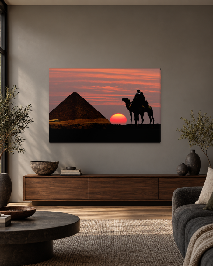 Giza Pyramid and Camel Silhouette Canvas Wall Art - Red Desert Sunset - Gallery Canvas - 38mm / 48 x 32 / Unframed preview