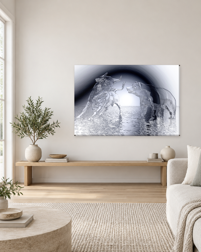 Bull and Bear Stock Market Canvas Wall Art - Silver Water Sculptures - Gallery Canvas - 38mm / 48 x 32 / Unframed preview