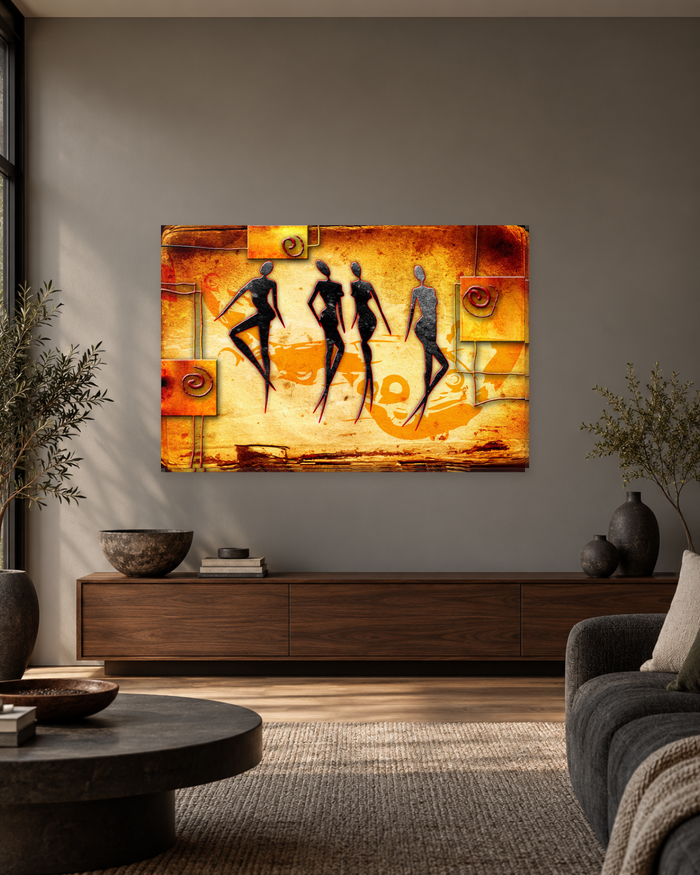 African Women Dancing Abstract Canvas Wall Art - Orange and Gold Tribal Art - Gallery Canvas - 38mm / 48 x 32 / Unframed preview