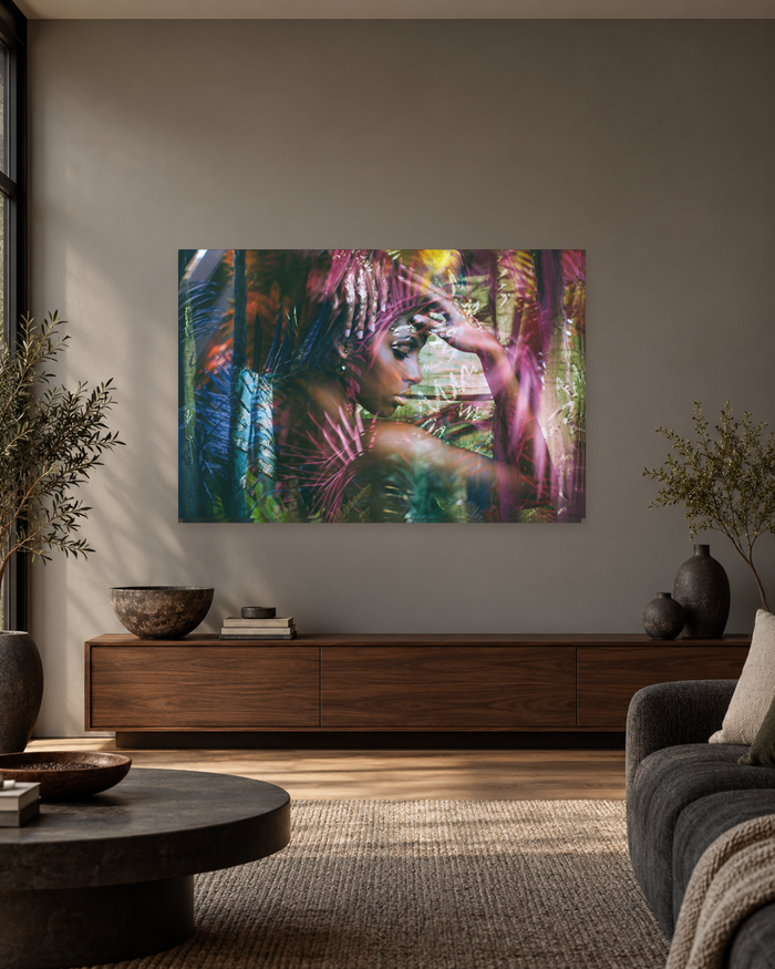 African Woman Tropical Leaves Canvas Wall Art - Pink and Teal Portrait - Gallery Canvas - 38mm / 48 x 32 / Unframed preview
