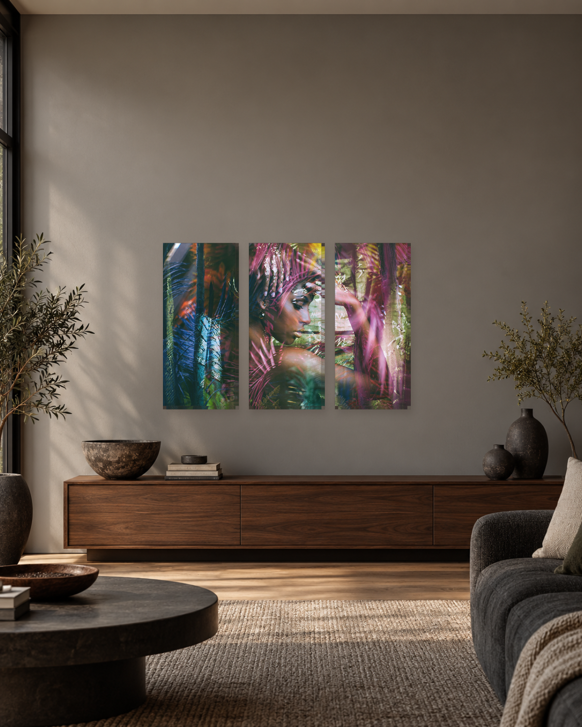 African Woman Tropical Leaves Canvas Wall Art - Pink and Teal Portrait - Gallery Canvas - 38mm / 48 x 32 / Unframed preview