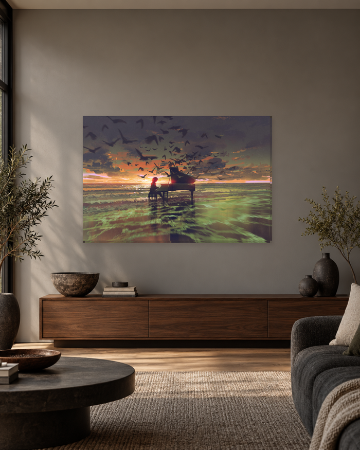 Piano on the Beach at Sunset Canvas Wall Art - Flying Birds Fantasy Art - Gallery Canvas - 38mm / 48 x 32 / Unframed preview