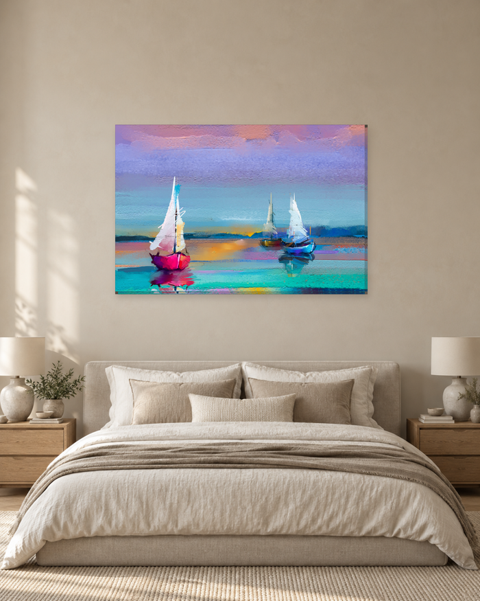 Sailing Boats Oil Painting Canvas Wall Art - Pink and Turquoise Seascape - Gallery Canvas - 38mm / 48 x 32 / Unframed preview