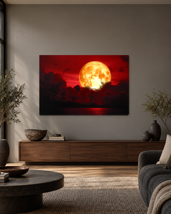 Blood Moon Canvas Wall Art - Orange Full Moon Over Crimson Clouds - Gallery Canvas - 38mm / 48 x 32 / Unframed preview