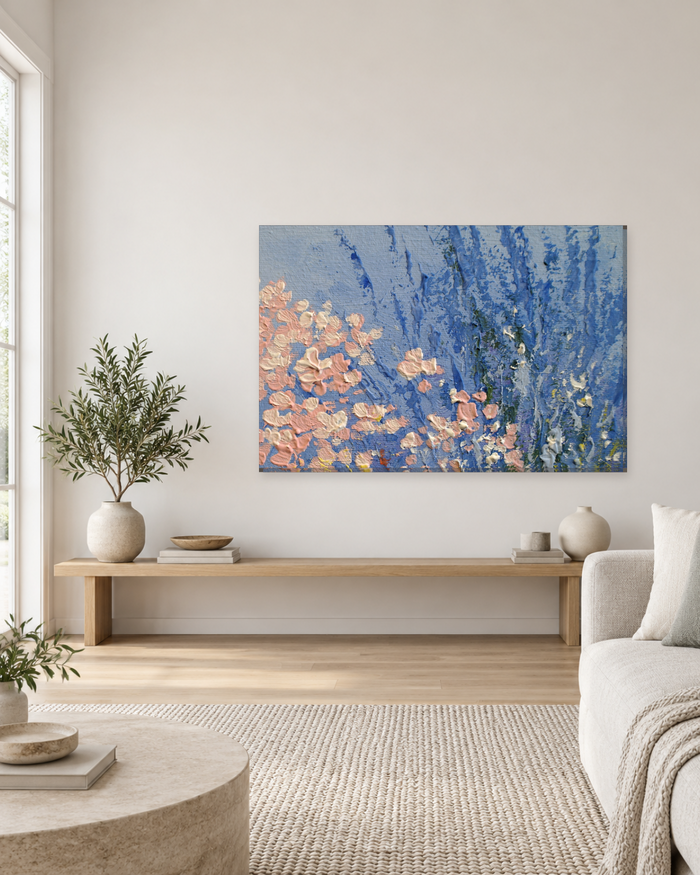 Abstract Pink Blossom Canvas Wall Art - Textured Blue Impasto Florals - Gallery Canvas - 38mm / 48 x 32 / Unframed preview