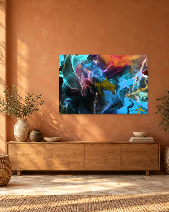 Turquoise and Black Ink Abstract Canvas Wall Art - Smoky Orange and Gold Swirls - Gallery Canvas - 38mm / 48 x 32 / Unframed preview