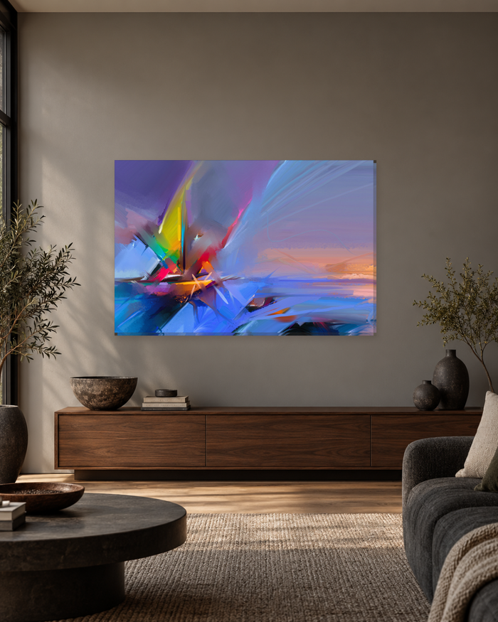 Abstract Sailboat at Sunset Canvas Wall Art - Lilac Blue and Orange Sea - Gallery Canvas - 38mm / 48 x 32 / Unframed preview