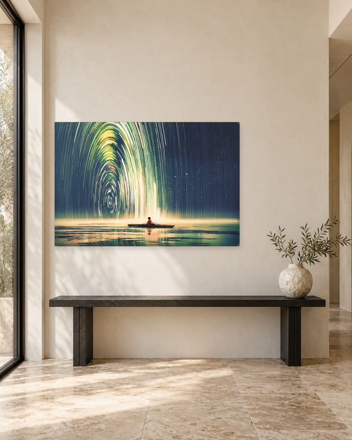 Lone Boat Under Star Trails Canvas Wall Art - Navy and Green Night Sky - Gallery Canvas - 38mm / 48 x 32 / Unframed preview