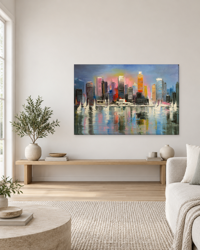 City Skyline Oil Painting Canvas Wall Art - Harbour Reflections and Sailboats - Gallery Canvas - 38mm / 48 x 32 / Unframed preview