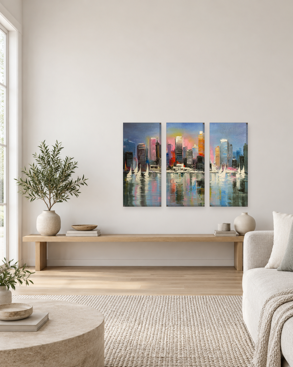 City Skyline Oil Painting Canvas Wall Art - Harbour Reflections and Sailboats - Gallery Canvas - 38mm / 48 x 32 / Unframed preview
