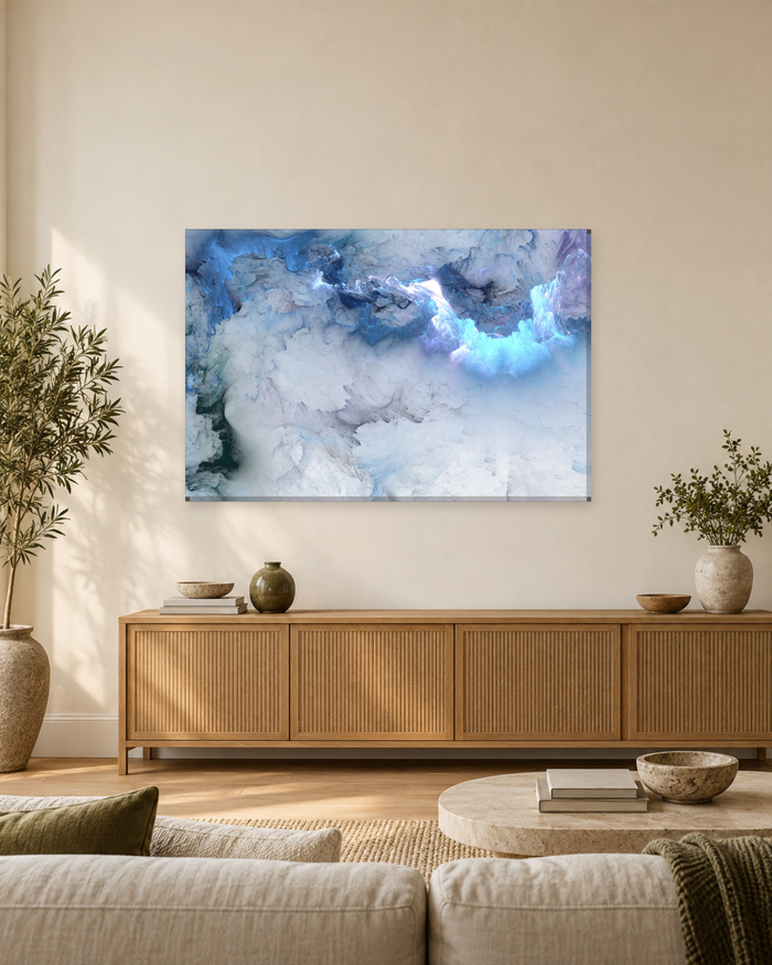 Blue and White Abstract Cloud Canvas Wall Art - Icy Glow Skyscape - Gallery Canvas - 38mm / 48 x 32 / Unframed preview