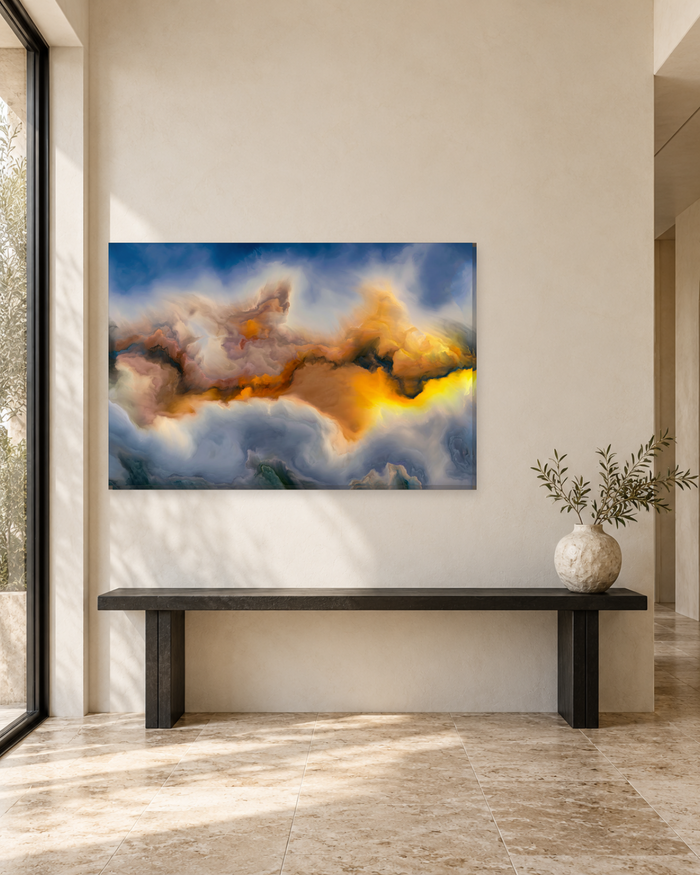 Yellow and Blue Abstract Clouds Canvas Wall Art - Golden Light Breaking Through - Gallery Canvas - 38mm / 48 x 32 / Unframed preview