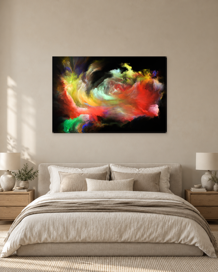 Colour Explosion Abstract Canvas Wall Art - Red and Yellow on Black - Gallery Canvas - 38mm / 48 x 32 / Unframed preview
