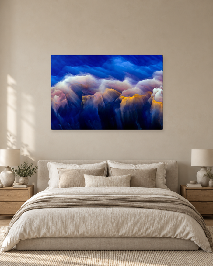 Royal Blue Abstract Cloud Canvas Wall Art - Golden Cloud Peaks - Gallery Canvas - 38mm / 48 x 32 / Unframed preview