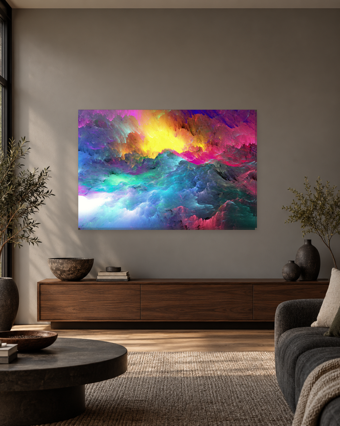 Neon Rainbow Clouds Abstract Canvas Wall Art - Pink Yellow and Turquoise - Gallery Canvas - 38mm / 48 x 32 / Unframed preview