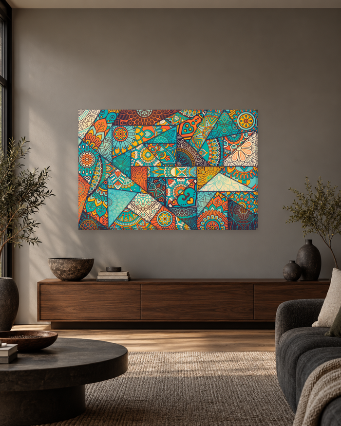 Mandala Tile Pattern Canvas Wall Art - Teal and Orange Ottoman Motifs - Gallery Canvas - 38mm / 48 x 32 / Unframed preview