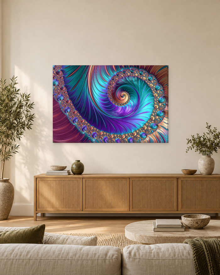 Peacock Fractal Spiral Abstract Canvas Wall Art - Teal and Purple - Gallery Canvas - 38mm / 48 x 32 / Unframed preview