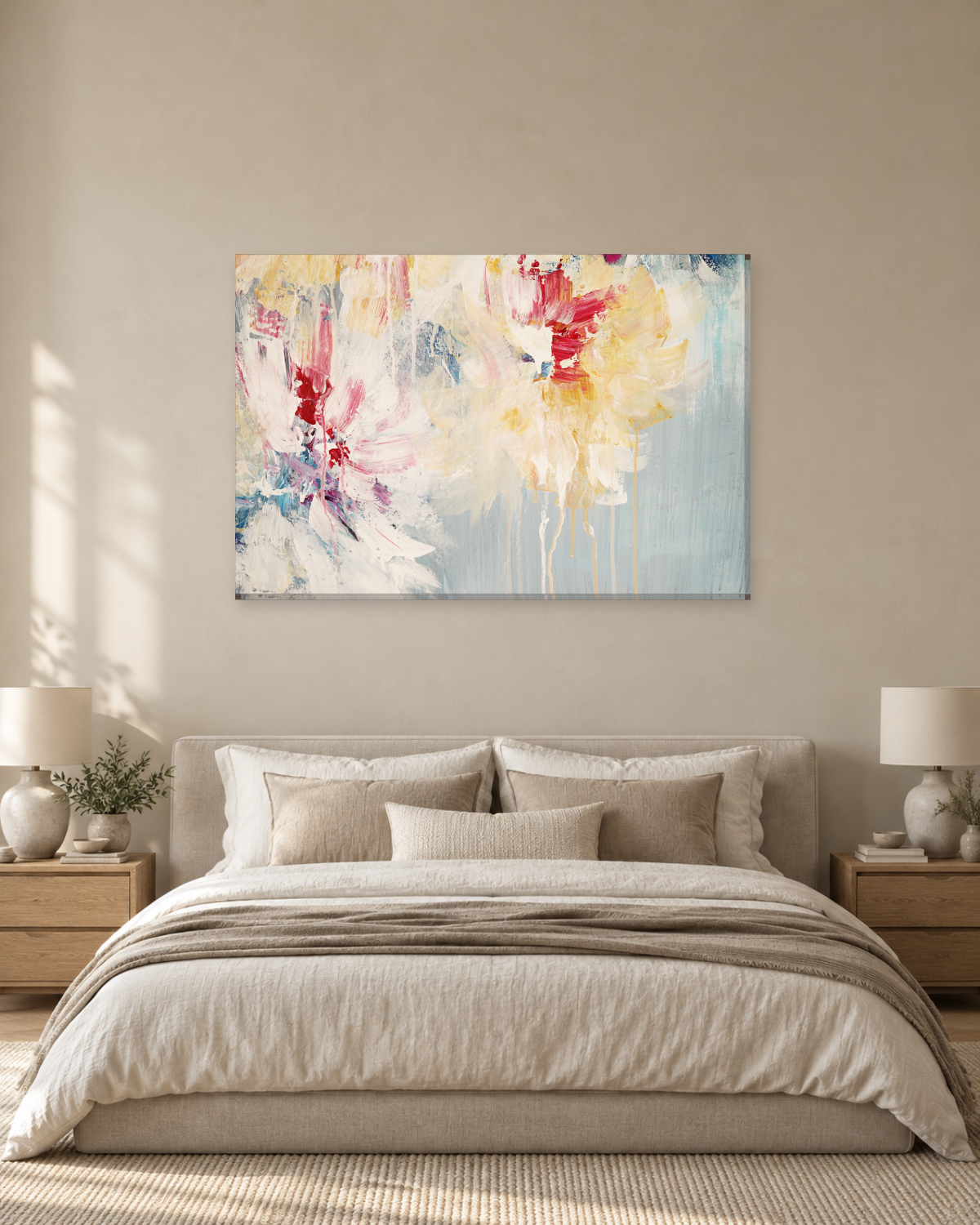 Cream and Crimson Abstract Flowers Canvas Wall Art - Loose Painterly Florals - Gallery Canvas - 38mm / 48 x 32 / Unframed preview
