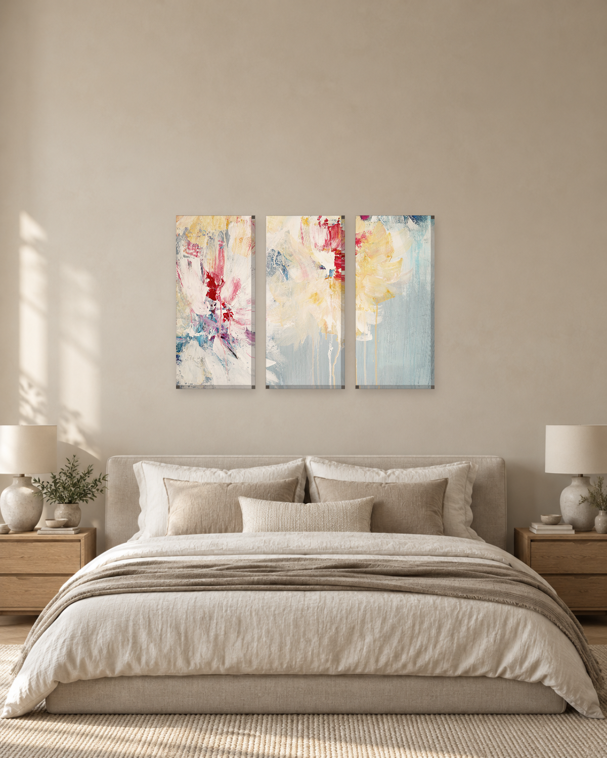 Cream and Crimson Abstract Flowers Canvas Wall Art - Loose Painterly Florals - Gallery Canvas - 38mm / 48 x 32 / Unframed preview