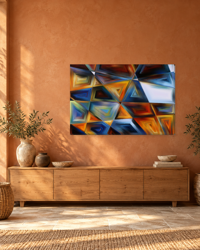 Geometric Triangles Abstract Canvas Wall Art - Orange and Navy Glass Effect - Gallery Canvas - 38mm / 48 x 32 / Unframed preview