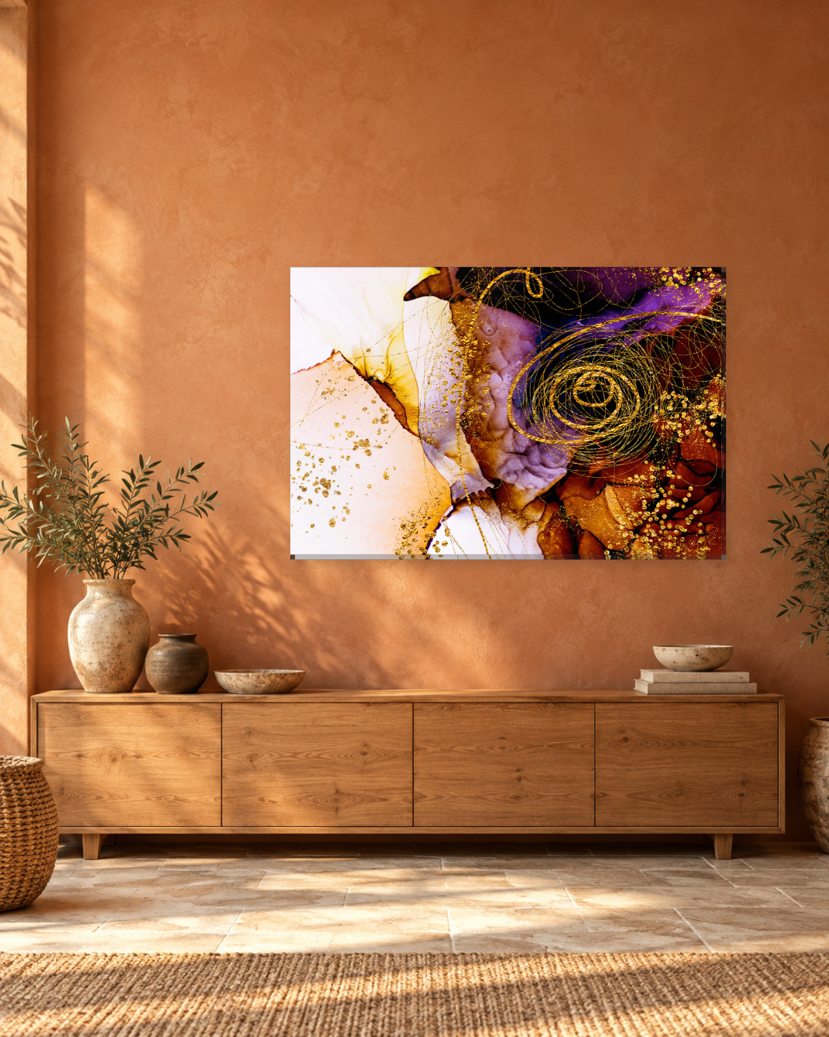 Golden Swirl Fluid Art Canvas Wall Art - Purple Amber and White Abstract - Gallery Canvas - 38mm / 48 x 32 / Unframed preview