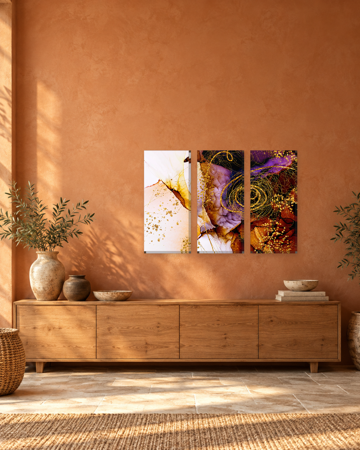Golden Swirl Fluid Art Canvas Wall Art - Purple Amber and White Abstract - Gallery Canvas - 38mm / 48 x 32 / Unframed preview