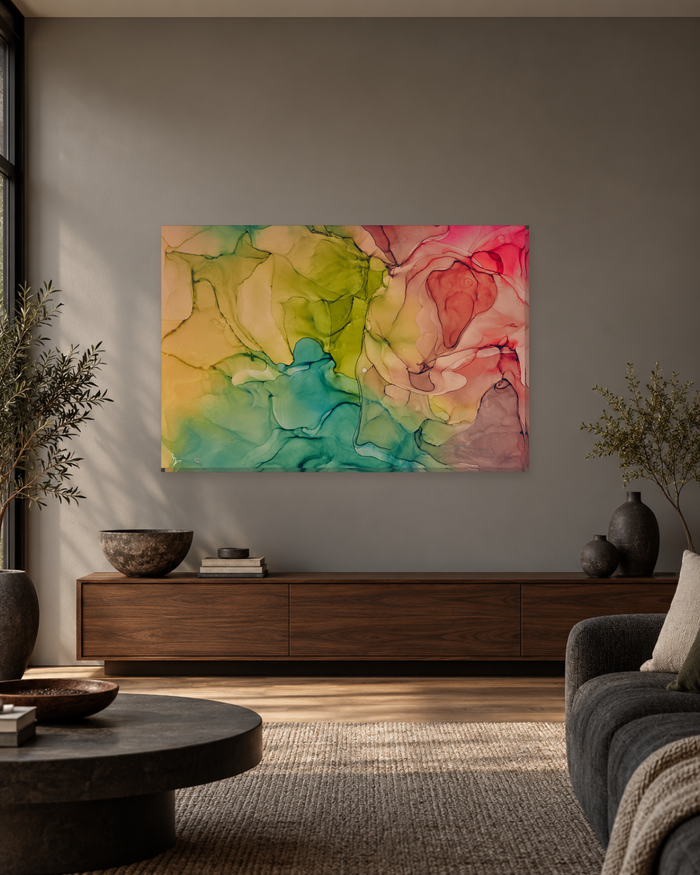 Lime Green and Coral Alcohol Ink Canvas Wall Art - Teal Fluid Abstract - Gallery Canvas - 38mm / 48 x 32 / Unframed preview