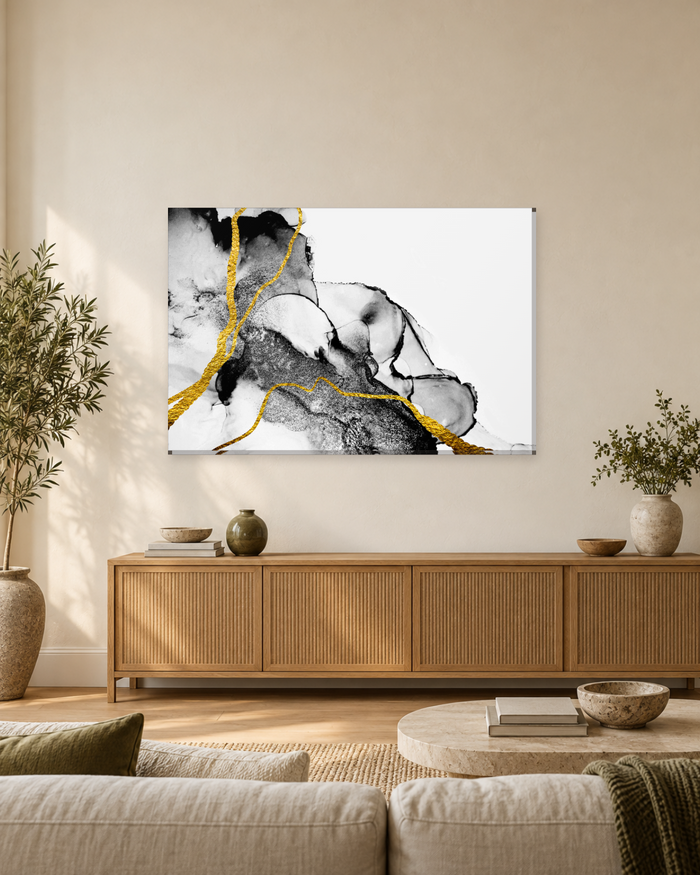Black and Gold Ink Abstract Canvas Wall Art - Minimal White Marble Look - Gallery Canvas - 38mm / 48 x 32 / Unframed preview