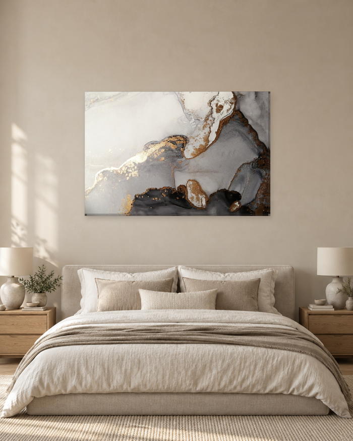 Soft Grey and White Marble Abstract Canvas Wall Art - Gold Leaf Effect - Gallery Canvas - 38mm / 48 x 32 / Unframed preview