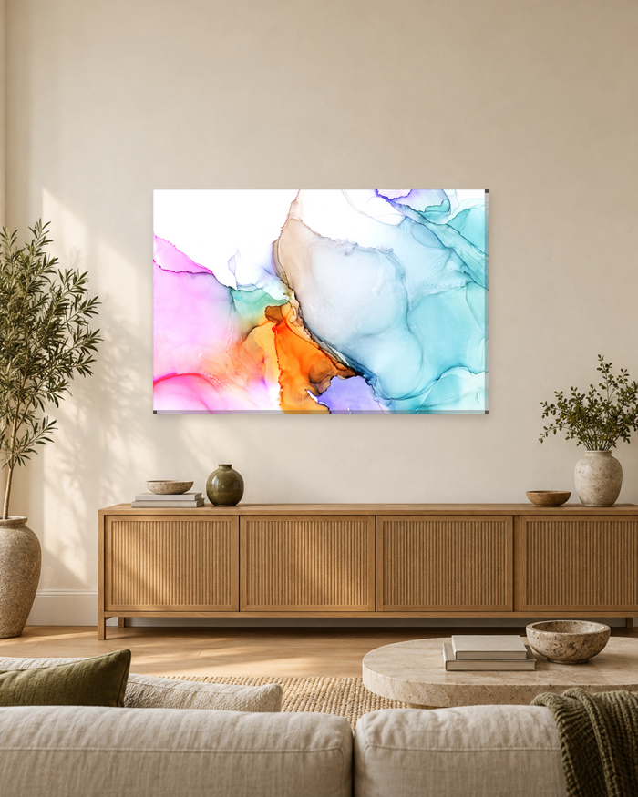 Aqua Blue and Tangerine Ink Abstract Canvas Wall Art - Hot Pink and Violet - Gallery Canvas - 38mm / 48 x 32 / Unframed preview