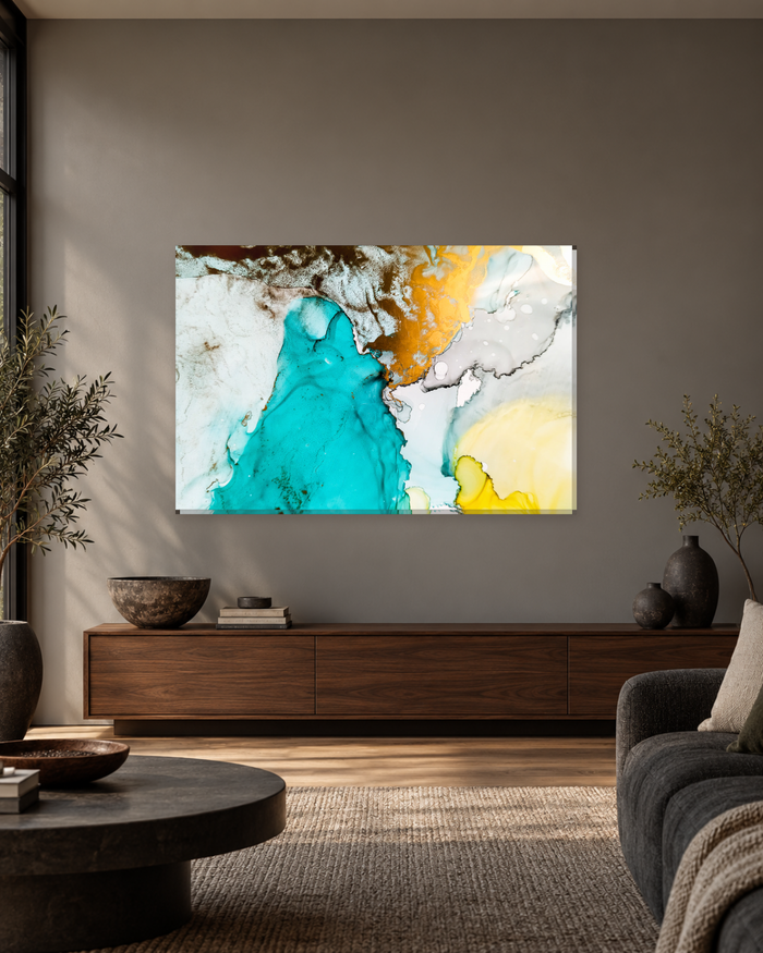 Turquoise and Amber Ink Wash Canvas Wall Art - Lemon and White Abstract - Gallery Canvas - 38mm / 48 x 32 / Unframed preview