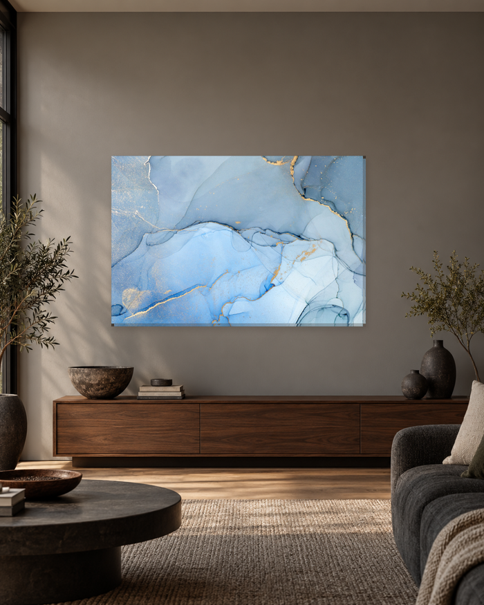 Powder Blue Ink Canvas Wall Art - Gold Veined Marble Effect - Gallery Canvas - 38mm / 48 x 32 / Unframed preview